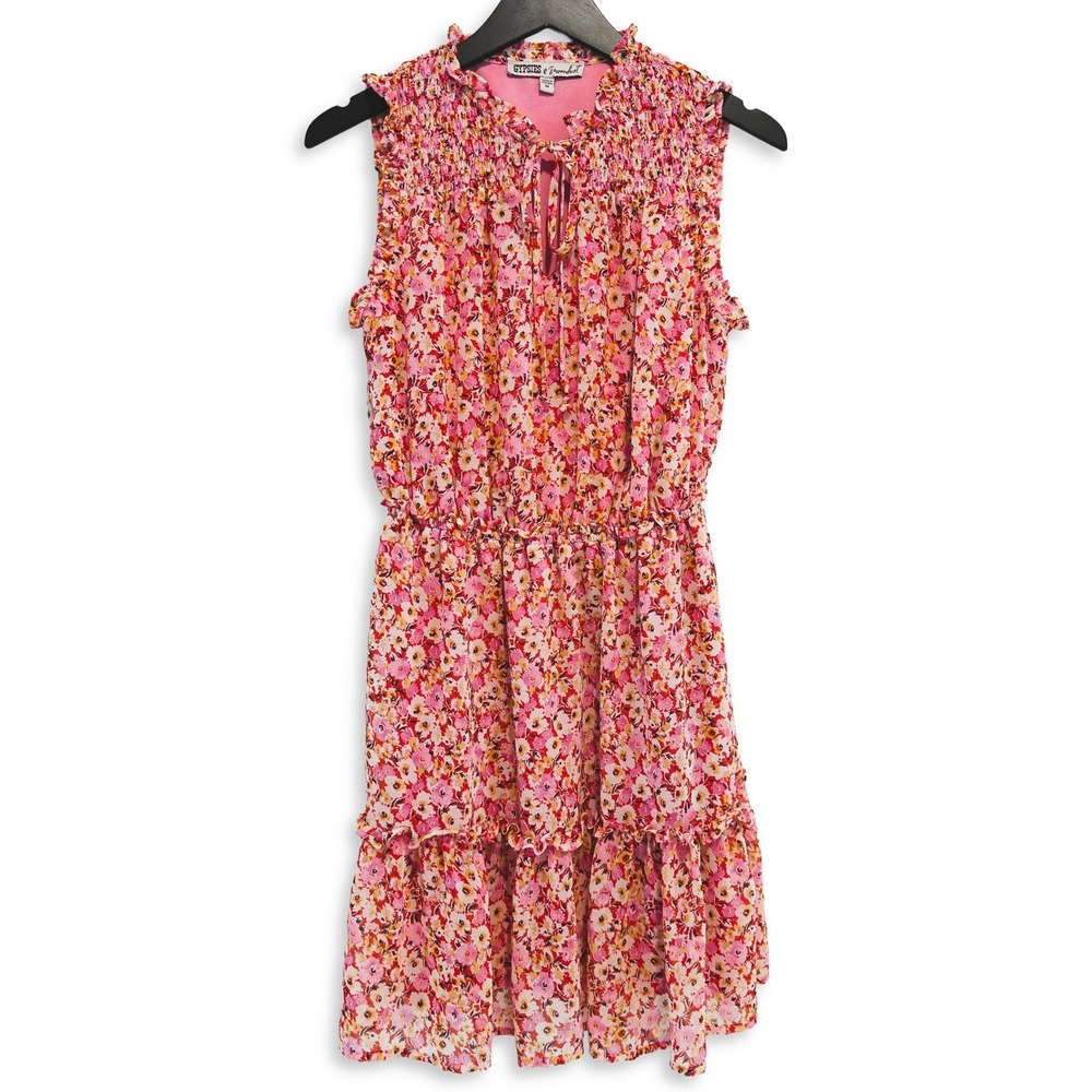 Gypsies & Moondust Floral Mini Dress Womens Size‎ Medium Pink Red Smocked Summer